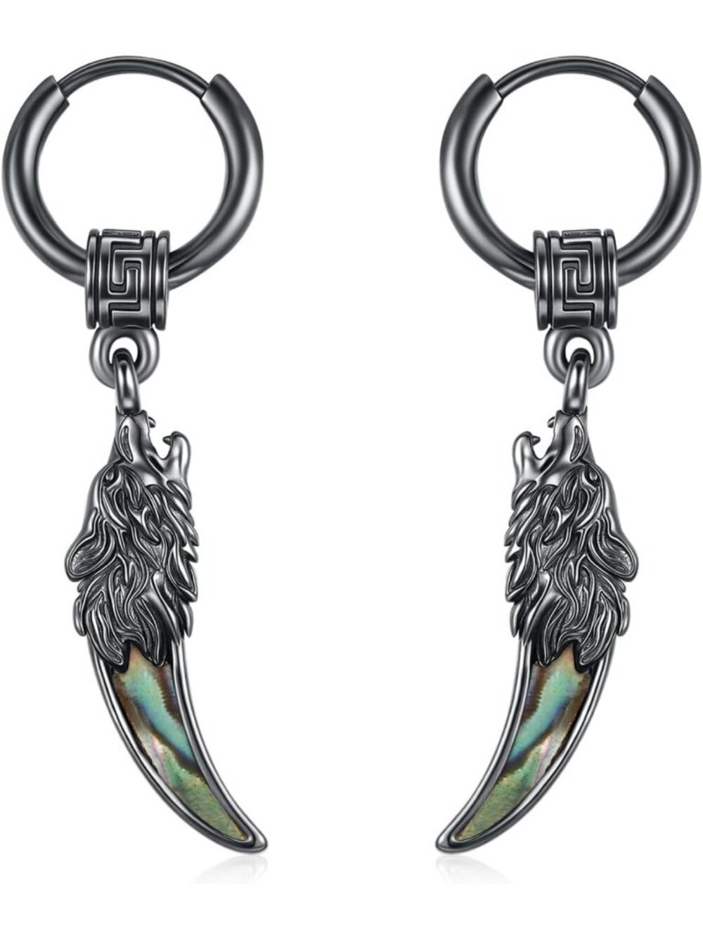 Sterling Silver Celtic Wolf Black Hoop Earrings for Men & Women - Stylish